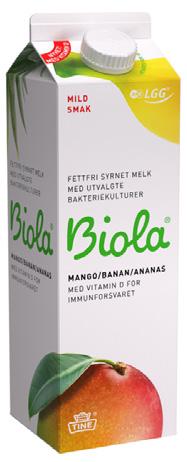 Biola Mild fettfri syrnet melk Jordbær 47 kcal 100 mg kalsium Biola Mild smak er en fettfri syrnet melk med lite tilsatt sukker. Melken er syrnet med nøye utvalgte melkesyrebakterier.