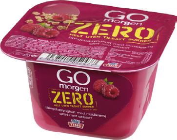 Go'morgen Zero Bringebær 190 kcal per beger à 190 g 100 kcal 4,3 g fett hvorav 2,1 g mettet 10,6 g karbohydrat hvorav 4,9 g sukkerarter Go'morgen Zero er en serie helt