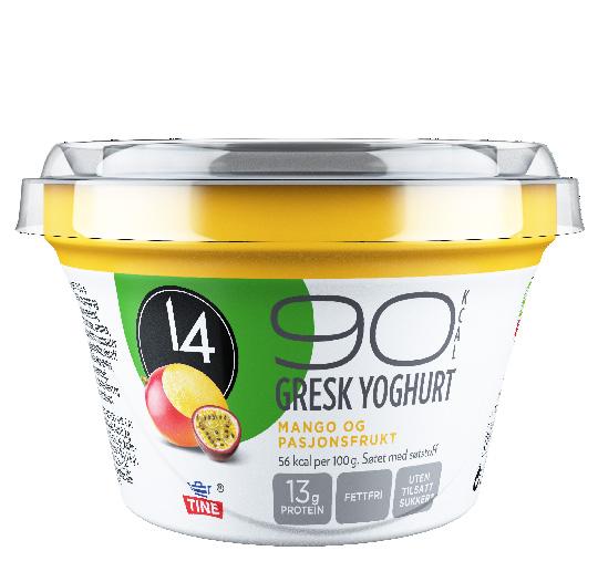 14 Gresk yoghurt 90 kcal mango pasjonsfrukt 90 kcal per beger à 160 g 56 kcal 5,4 g karbohydrat hvorav 4,9 g sukkerarter 1,6 g fiber 85 mg kalsium Den greske yoghurten er fettfri, fyldig og ikke