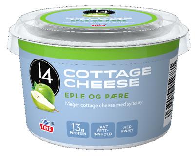 14 Cottage cheese med eple og pære 111 kcal per beger à 130 g 85 kcal 1,6 g fett hvorav 1 g mettet 7,4 g karbohydrat hvorav 7,4 g sukkerarter 70 mg kalsium 14 er en serie mettende mellommåltider.