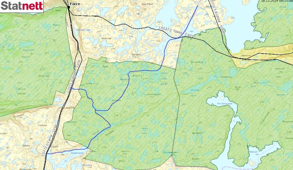 Side 3/6 Kart over linjetrase og kjørerute gjennom Lusaheia landskapsvernområde. Kjøreruta har ein samla lengde på om lag 30 km i dei fire verneområda.