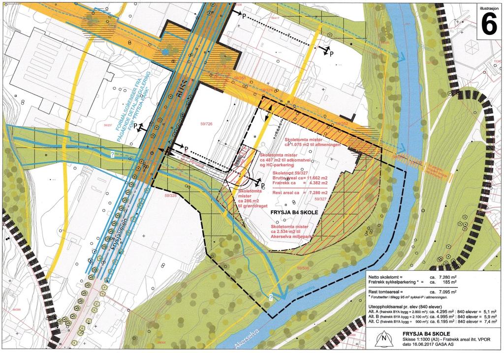4 I byrådssak 65/17 av 27. april 2017 om «Kjøp av Frysjaveien 31», dvs. om kjøp av kun den østre delen av Frysjaveien 31 (gnr 59 bnr 327, altså tomt 6B), omtales tomt 6Bs egnethet som skoletomt (s.