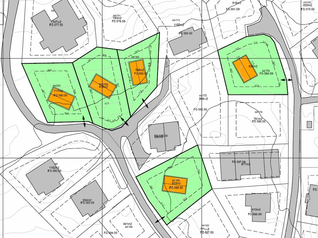 Detaljert informasjon om hver enkelt tomt på H1 44/232 er tomtas nummer 717 m2 er tomtas størrelse FG 580 er kotehøyden.