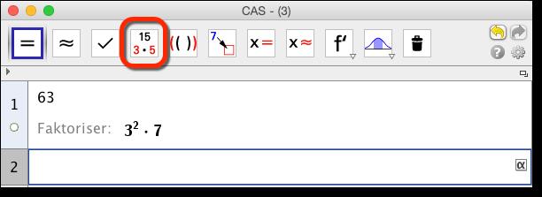 8.1 Verktøylinjen i CAS 99 Figur 8.3: Faktorisering av hele tall i GeoGebra. Går vi ett hakk til høyre på verktøylinja finner vi verktøyet Utvid GeoGebra om å multiplisere ut parenteser etc.