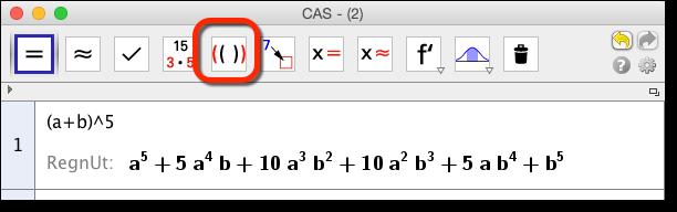 2 Gang ut (a + b) 5 Løsning: Vi skriver inn (a+b)^5 og klikker på : Merk at verktøyet Utvid har nesten samme effekt som RegnUt når vi skriver inn enkle uttrykk som i eksempelet over.