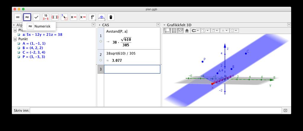 9.3 Flater 115 9.3 Flater Eksempel 9.3 Et plan α går gjennom punkta A(1, 1, 1), B(4, 2, 2) og C( 2, 3, 4). a) Bestem likningen til planet. b) Bestem avstanden mellom planet og punktet P(3, 3, 3).