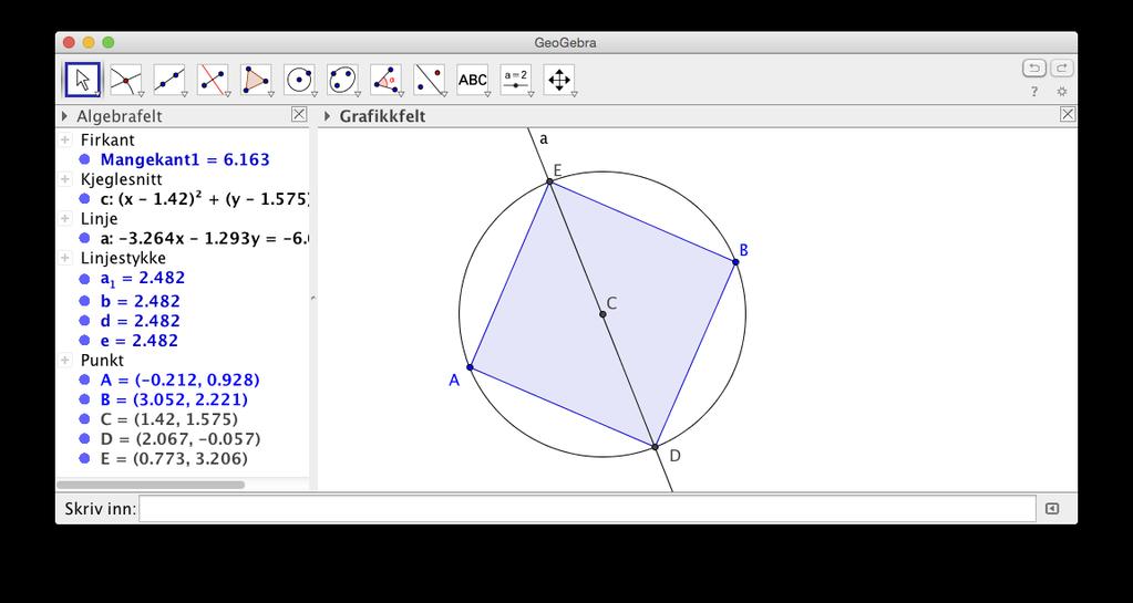 10 Egne verktøy i GeoGebra Dersom det er en type konstruksjon som du skal gjøre mange ganger, kan det være en god ide å lage et eget verktøy som tar seg av konstruksjonen.