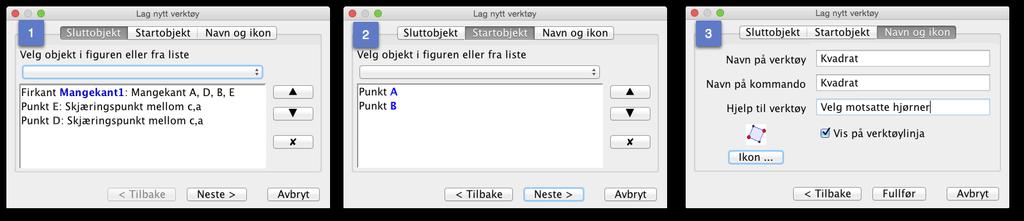 122 Kapittel 10. Egne verktøy i GeoGebra 3. For å lage et nytt verktøy, velger du «Verktøy» på menylinjen og «Lag nytt verktøy...» som vist på figur 10.1. Dette vil lede deg gjennom prosessen.