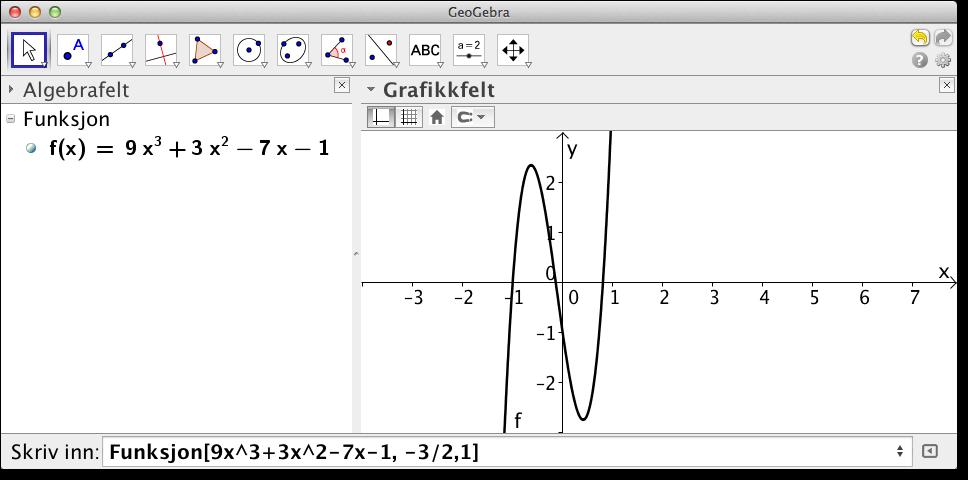 6 Kapittel 2. Funksjoner i GeoGebra Funksjon[9x^3+3x^2-7x-1,-3/2,1]. Vi vil da få noe slikt: Et problem med denne grafen er at vi ikke får se alle y-verdiene.