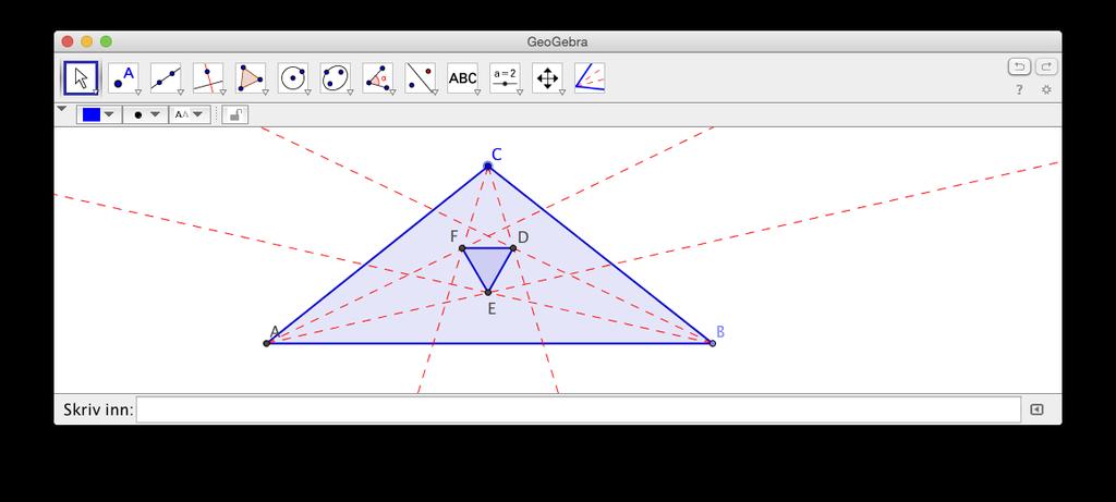 124 Kapittel 10. Egne verktøy i GeoGebra Figur 10.3: Tredeling av en vinkel Oppgave 10.4 Tegn en trekant ABC og bruk verktøyet du laget i oppgave 10.3 til å dele de tre vinklene i trekanten.