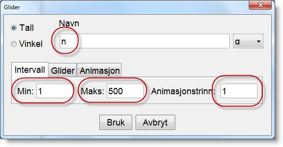 142 Kapittel 13. Følger/Lister Oppgave 13.2 I denne oppgaven skal vi simulere n terningkast, der n er et tall som skal variere på en glider.