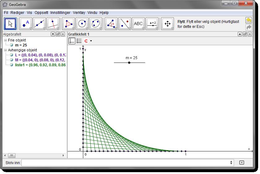 13.1 Eksempler 143 Figur 13.2: Snorkunst! Hvilken kurve får vi langs linjene? Klikk på den lille «kula» til venstre for m i algebrafeltet slik at du får en glider i grafikkfeltet.