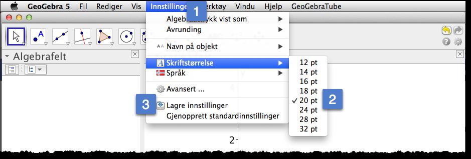 150 Kapittel 14. Tips og triks 14.6 Bla i tidligere brukte kommandoer Du kan bla i tidligere kommandoer som du har skrevet i inntastingsfeltet ved å bruke piltastene (opp for tilbake i tid). 14.7 Aldri for sent til å angre Du kan angre noe du har gjort i GeoGebra ved å trykke Ctrl+z eller klikke på knappene øverst til høyre i GeoGebra.