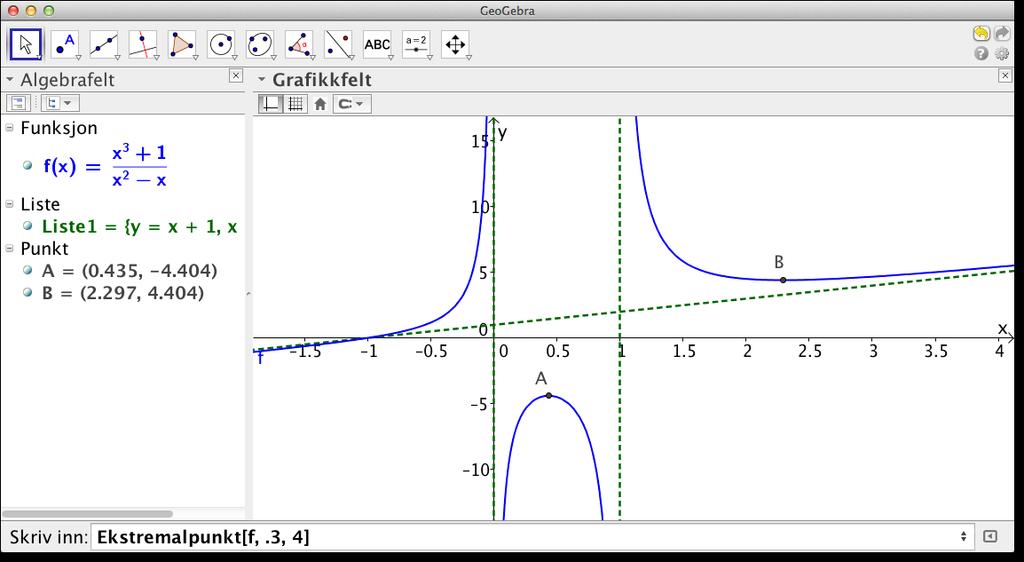 10 Kapittel 2. Funksjoner i GeoGebra Figur 2.3: Ekstemalpunkt og asympoteter til funksjonen i eksempel 2.4 Oppgave 2.1 Funksjonen f er gitt ved f (x) = x 4 3x 3 + 2, x [0, 2].