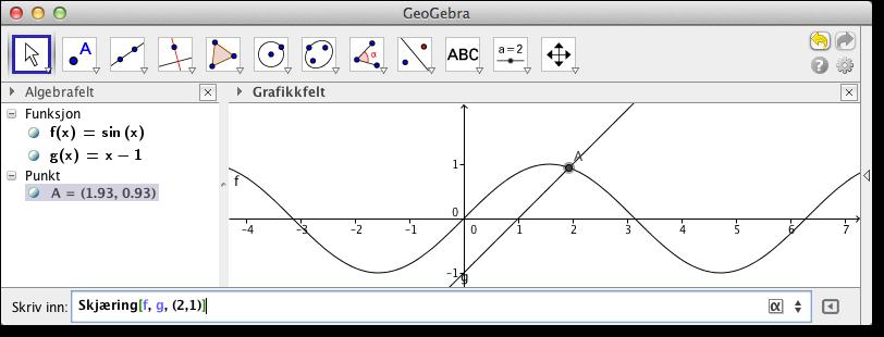 Men husk at dersom du skal bruke denne på grafer til andre objekt enn polynomer, så må du i tillegg skrive inn et punkt i nærheten av et søkt skjæringspunkt. Figur 2.