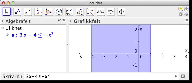 2.3 Ulikheter 15 Oppgave 2.8 Løs likningssettene a) x y = 9 og 3x + 5 y = 11 b) y = x 2 2 og x 2 + y 2 = 8 2.3 Ulikheter GeoGebra kan være til stor hjelp når vi skal løse ulikheter.