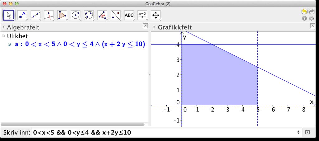 Vi vil derfor skrive inn det logiske tegnet for og mellom ulikhetene. Vi finner dette som i menyen til høyre i inntastingsfeltet. Se figur 2.7 under. Alternativt kan du skrive & to ganger, slik: &&.