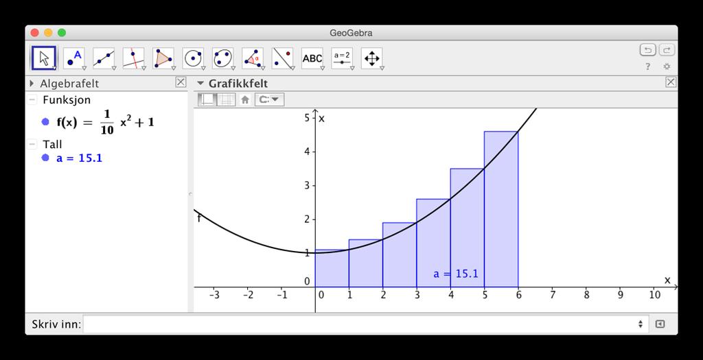 2.6 Arealet under en graf 21 2.6 Arealet under en graf Vi skal til slutt i dette kapittelet se hvordan vi kan bruke GeoGebra til å beregne arealet under en graf.