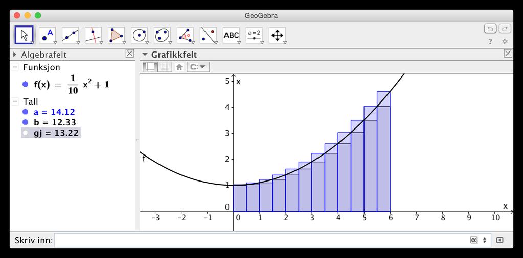 22 Kapittel 2. Funksjoner i GeoGebra Figur 2.12: Kommandoen SumOver[f,0,6,12] og SumUnder[f,0,6,12] gir begge en tilnærmet verdi for arealet under grafen. Figur 2.13: TrapesSum[f,0,6,12] gir en bra tilnærmet verdi for arealet.
