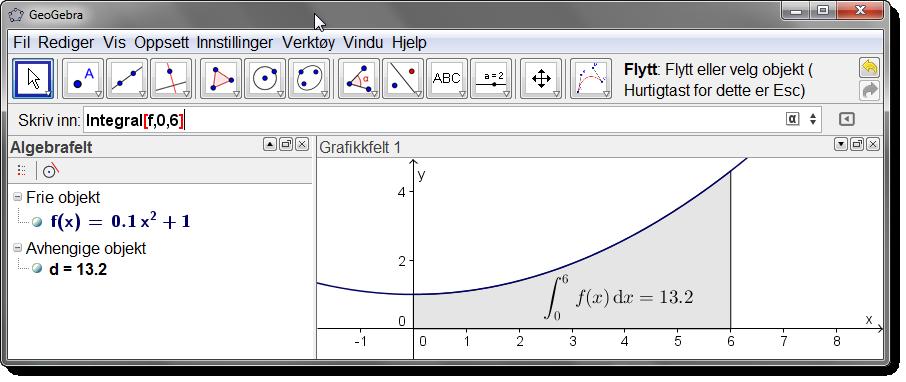 2.6 Arealet under en graf 23 Figur 2.14: Kommandoen Integral[f, 0, 6] gir oss arealet under f fra x = 0 til x = 6. Eksempel 2.