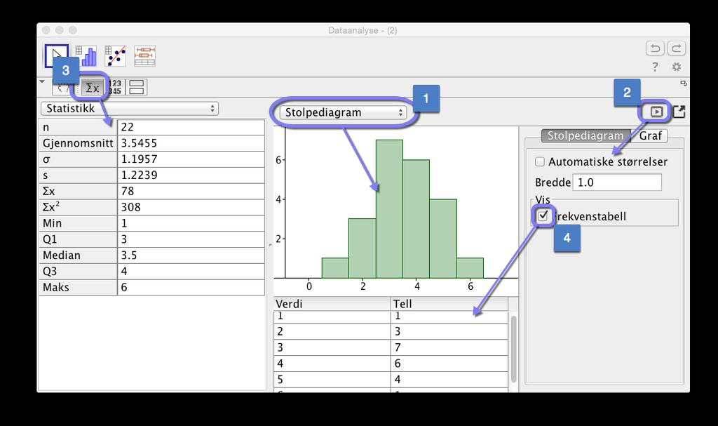 4.2 Statistikk 37 4.2 Statistikk GeoGebra er et flott verktøy til å tegne histogrammer og søylediagrammer.