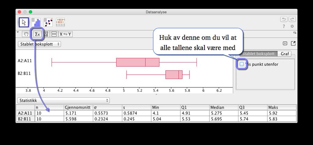 4.2 Statistikk 41 Du får da opp følgende vindu: Figur 4.7: Analyse av flere variable Vi kan nå lese av alle tallene som det blir spurt om i oppgaven.