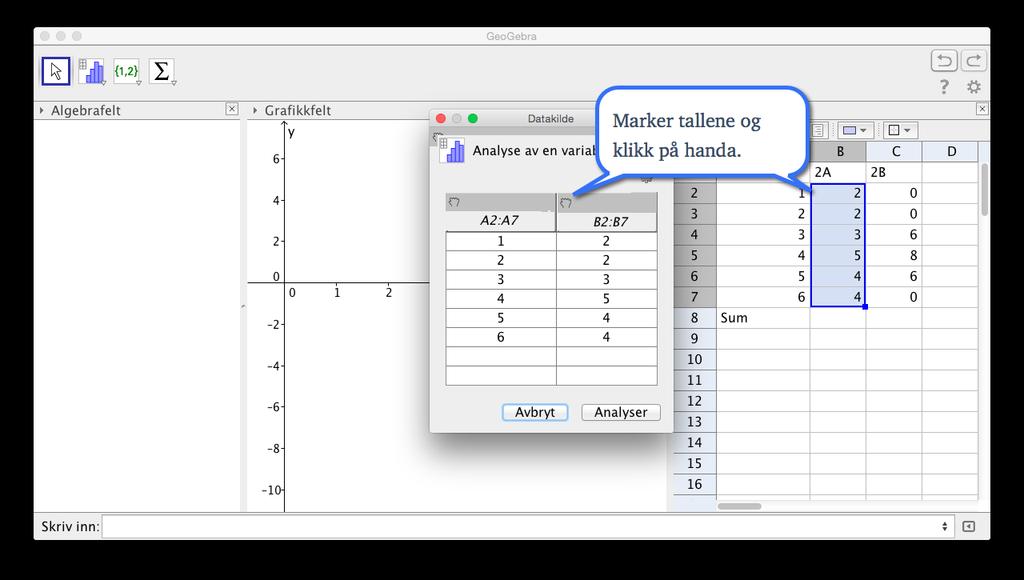 Det neste du da må gjøre er å markere karakterene og deretter klikke på handa over tallene. Gjør tilsvarende for frekvensene, som vist på figur 4.8. Figur 4.