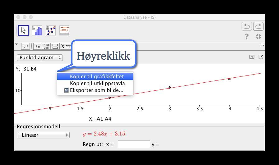 Du får da laget en liste med punkt og en funksjon definert ut fra regresjonen du har valgt. Figur 4.