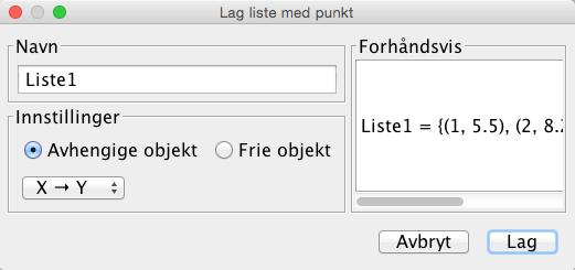 Dersom du flytter på et av punkta, så vil tallene i regnearket automatisk bli endret. Når du så har laget en liste med punkt kan du bruke kommandoer på denne listen.