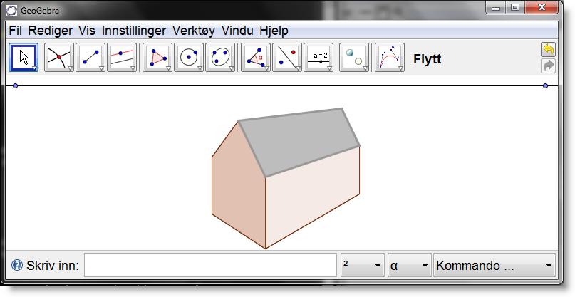 72 Kapittel 6. Geometri Figur 6.3: Hus med to forsvinningspunkt tegnet med GeoGebra. Før du starter, så kan det være en god ide å skjule akser og algebrafeltet (under «Vis» på menylinja).