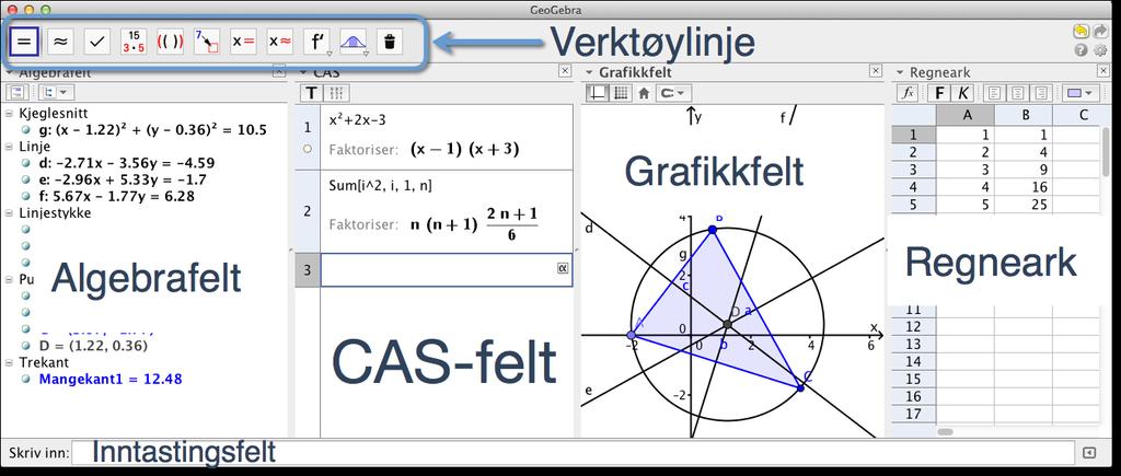 1 Å komme i gang med GeoGebra GeoGebra er et program som kobler sammen geometri, algebra og funksjoner. Det inneholder dynamisk geometriprogram, en grafplotter og et computer algebra system (CAS).