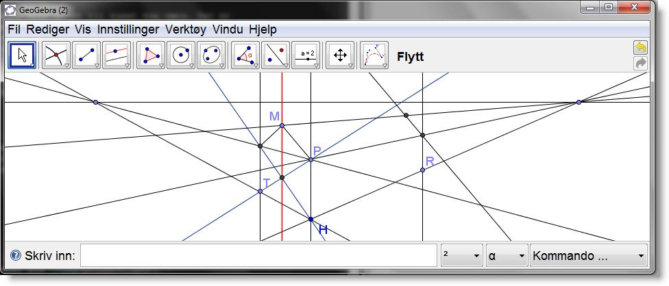 74 Kapittel 6. Geometri Vi kan nå tegne inn det ene mønet M og linja fra dette til det ene forsvinningspunktet. Vi mangler da kun ett punkt, og det er det andre mønet.