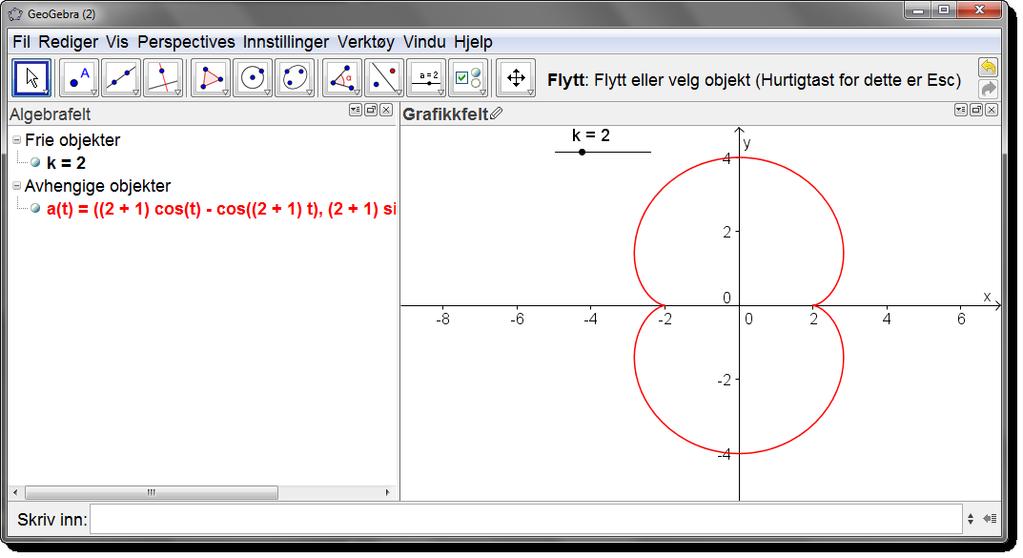 6.4 Parameterframstillinger 81 Figur 6.13: To kusper... c) Varier nå k. Hvor mange kusper får vi når k = 1? Hva med k = 2? Hva om k = 6? Oppgave 6.16 Tegn følgende to kurver i samme koordinatsystem.