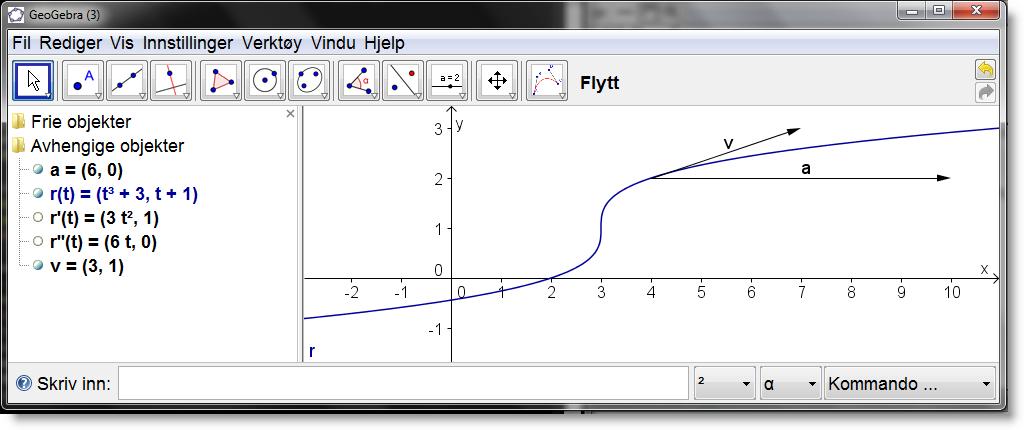 82 Kapittel 6. Geometri Løsning: a) Vi plotter grafen ved å bruke kommandoen r=kurve[t^3+3, t+1, t, -2, 2] Vi får da kurven som vist på figur 6.14. Figur 6.14: Grafen til r(t).