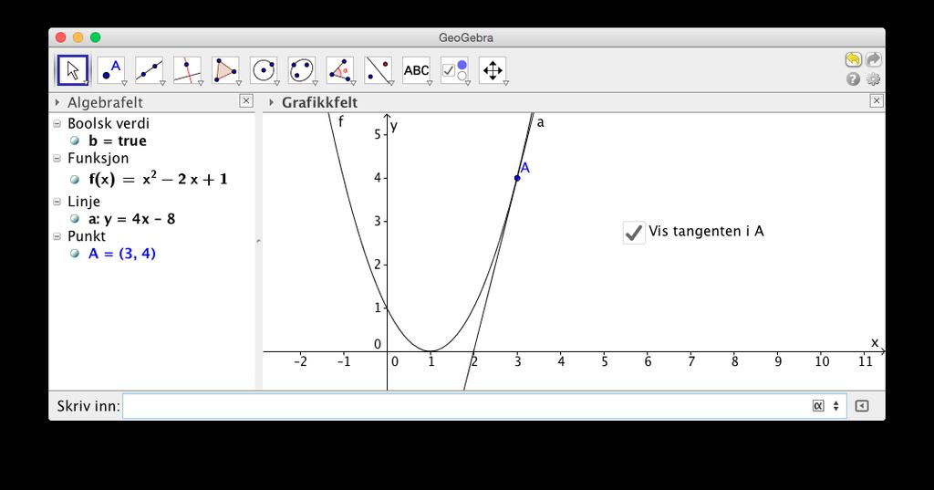 Merk at du kan enten velge hvilket objekt som skal vises/skjules ved å velge det fra nedtrekslisten eller ved å klikke på objektet i algebrafeltet eller