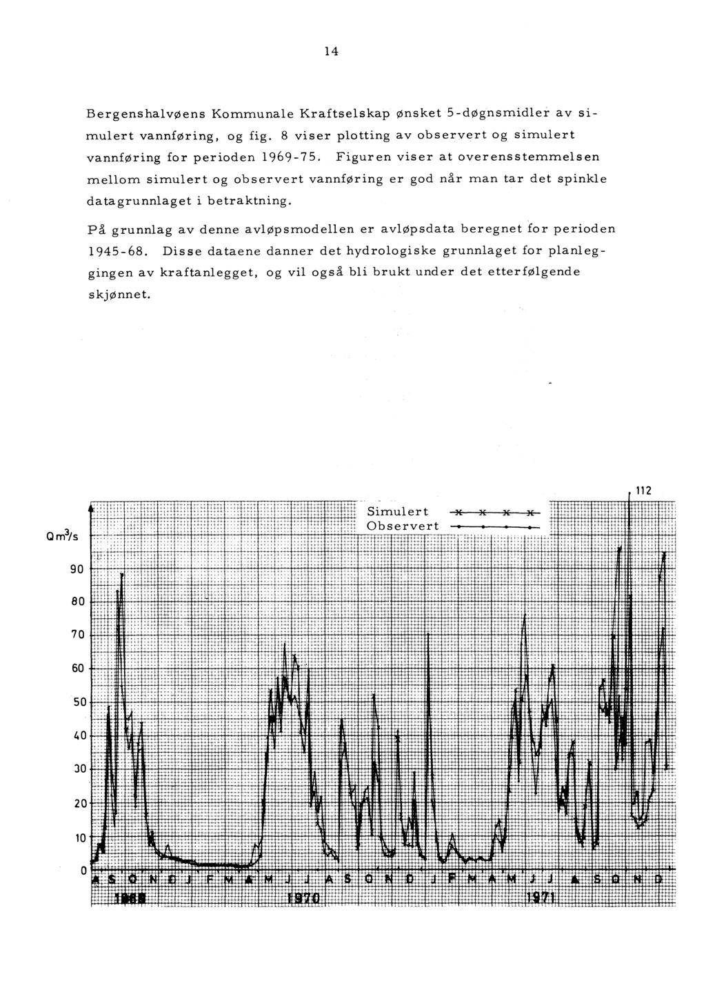 14 BergenshalvØens Korrnnunale Kraftselskap ønsket 5-døgnsmidler av simulert vannføring, og fig. 8 viser plotting av observert og simulert vannføring for perioden 1969-75.