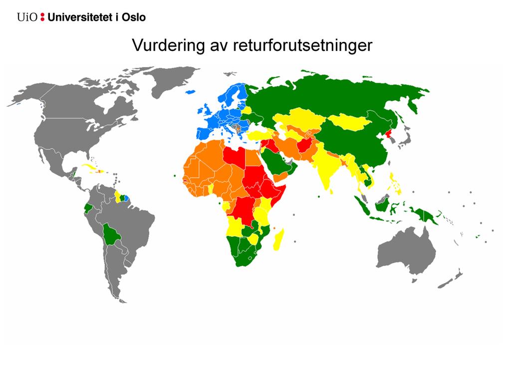 Se UDIs praksisnotat om vurdering av returforutsetninger for arbeid og studier. Punkt 5 gir en gjennomgang av de ulike fargekategoriene.