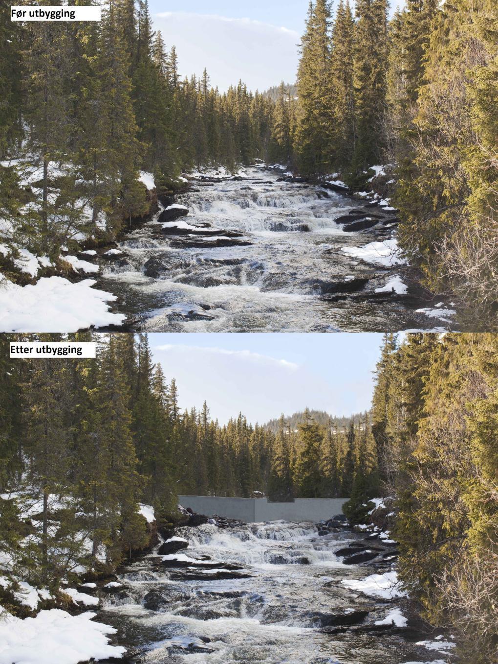 Figur 2.9 Bilde av inntaksområde før og etter fotomanipulasjon (Sweco) 2.2.5 Vannvei Rørgate Kraftverkets vannvei er planlagt som et ca. 1200 mm nedgravd rør.