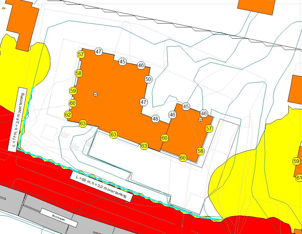 Beregningsresultatene for situasjonen med skjermene er vist i figur 3 i vedlegg X02 rev 1. Skjerm gir boligene tilgang til ca.