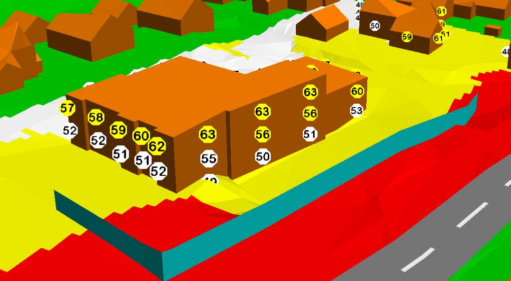 Figur 3 - Støynivå Lden ved fasade utenfor alle etasjer. Med skjerming på terreng. Plan 1: Plan 2: Boenheter mot vest har stille side med Lden 55 db forutsatt skjerm i tomtegrensen som beskrevet over.