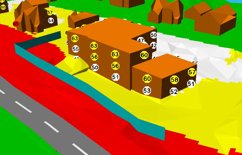 Ved å oppføre skjerm med h = 1, 4 m over terassegulv på balkong, vil støynivå på uteplass være under nedre grenseverdi for gul støysone.