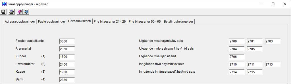 Her er et forslag til hvilke mva konti som kan benyttes KONTONR KONTONAVN TYPE RESK MVA AVD PRO GR A/P 2700 Utgående mva 25 % B 0 N N N 27 P 2701 Utgående mva 15 % B 0 N N N 27 P 2702 Utg. mva kj. tj.