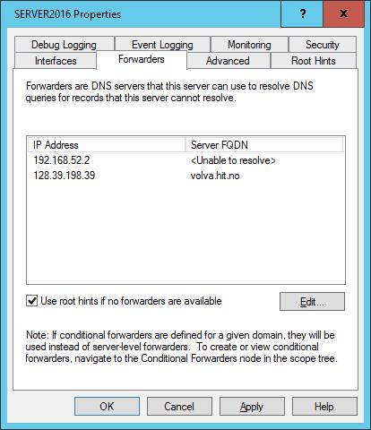 Videresending til andre DNS-tjenere (forwarding) Forwarder En DNS tjener utenfor eget nett som brukes for å gjøre oppslag av eksterne DNS navn Virkemåte Den interne DNS tjeneren DNS navn for maskiner