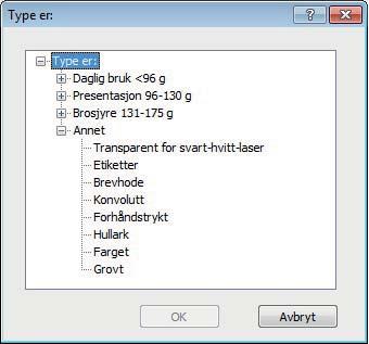 5. Velg kategorien med papirtyper som best beskriver papiret. 6. Velg alternativet for papirtypen du bruker, og klikk på OK.