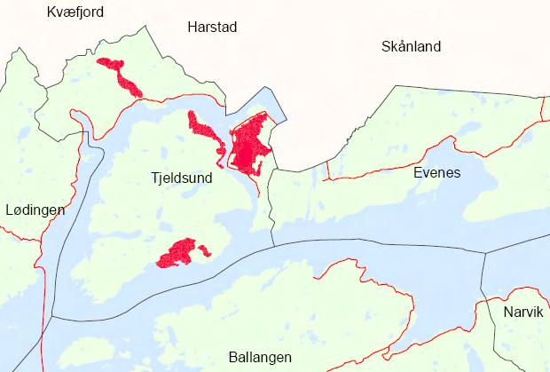 1 Kartlagt areal i Tjeldsund kommune uthevet med rød farge. 4 2 3 Område 1: Kongsvikdalen. Område 2: Tjeldøya øst.