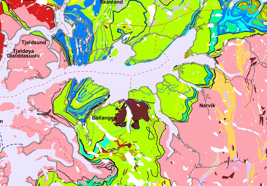 Evenes marmor, dolomitt m.m. kalkglimmerskifer glimmergneiss, glimmerskifer m.m. gabbro, amfibolitt diorittisk til granittisk gneiss granitt metasandstein innsjøer Figur 4.