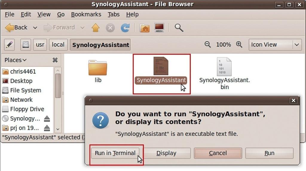 For å installere skriver du inn følgende kommando i Terminal: sudo apt-get install ia32-libs 5 Gå til /usr/local/synologyassistant (eller [banen som du akkurat