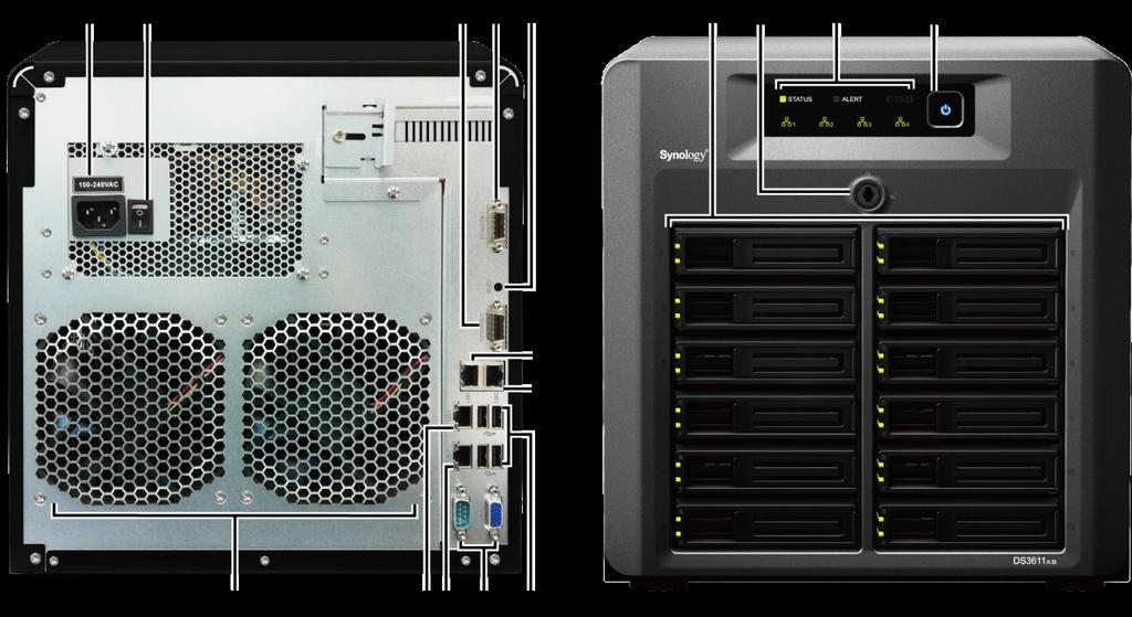 Synology DiskStation - overblikk Nr. Navn Plassering Beskrivelse 1) Strømknapp Frontpanel 2) LED-indikatorer Frontpanel Strømknappen brukes til å skru Synology DiskStation på eller av.