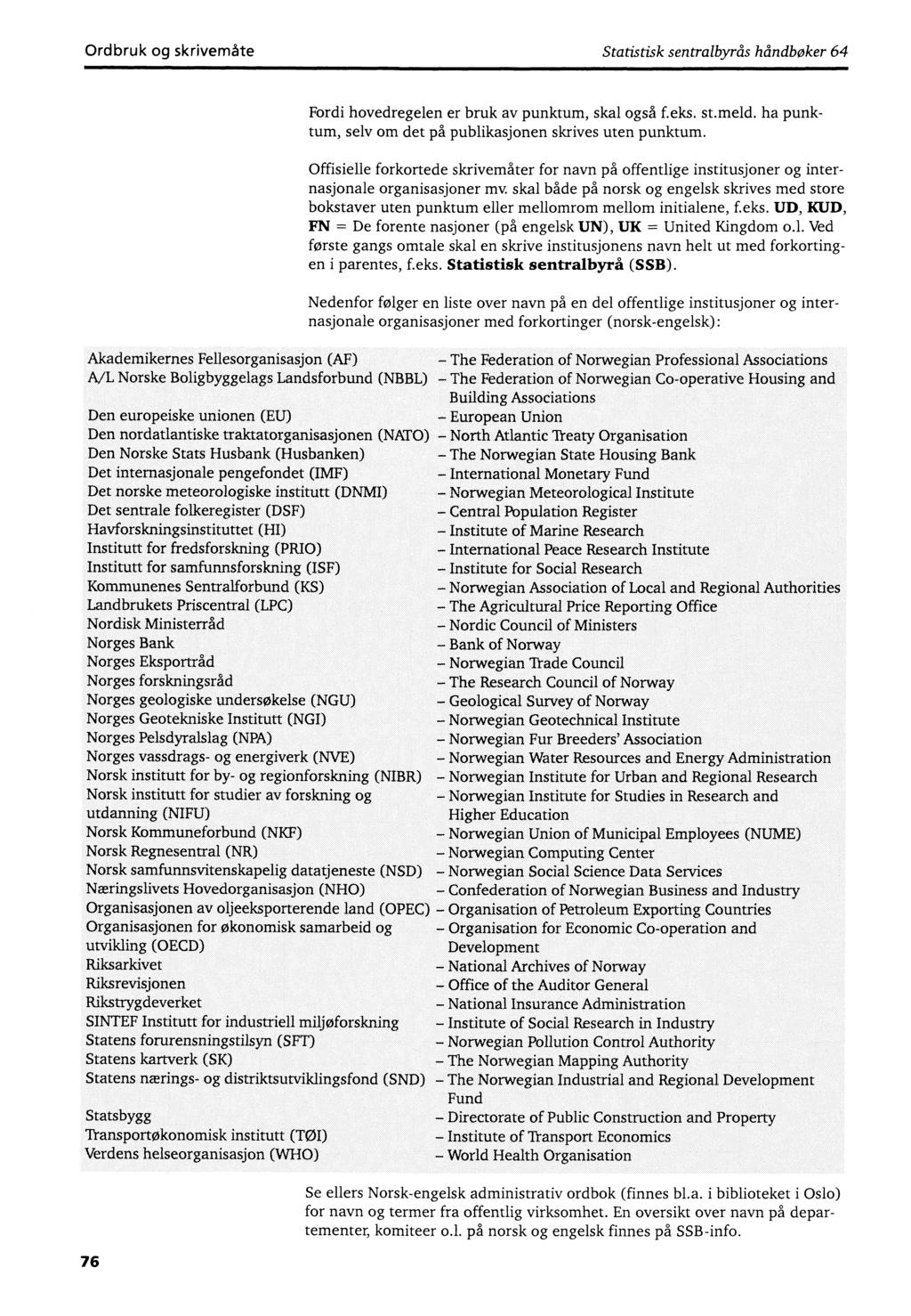 Ordbruk og skrivemåte Statistisk sentralbyrås håndbøker 64 Akademikernes Fellesorganisasjon (AF) A/L Norske Boligbyggelags Landsforbund (NBBL) Den europeiske unionen (EU) Den nordatlantiske