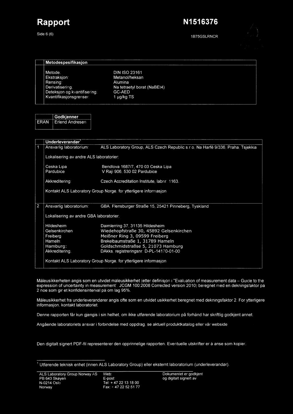 Rapport Side 6 (6) N1516376 1B75GSLRNCR ALS Metodespesifikasjon Metode: Ekstraksjon: Rensing: Derivatisering: Deteksjon og kvantifisering: Kvantifikasjonsgrenser: DIN ISO 23161 Metanol/heksan Alumina